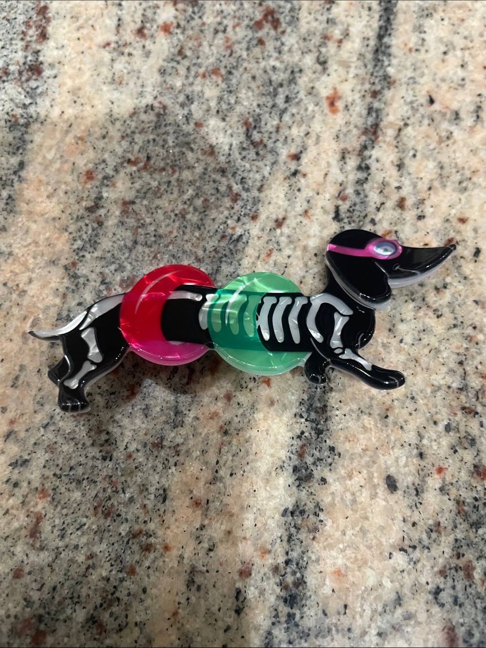 Cute Black Skeleton Dachshund Brooch/Pin With Pink & Green Accents